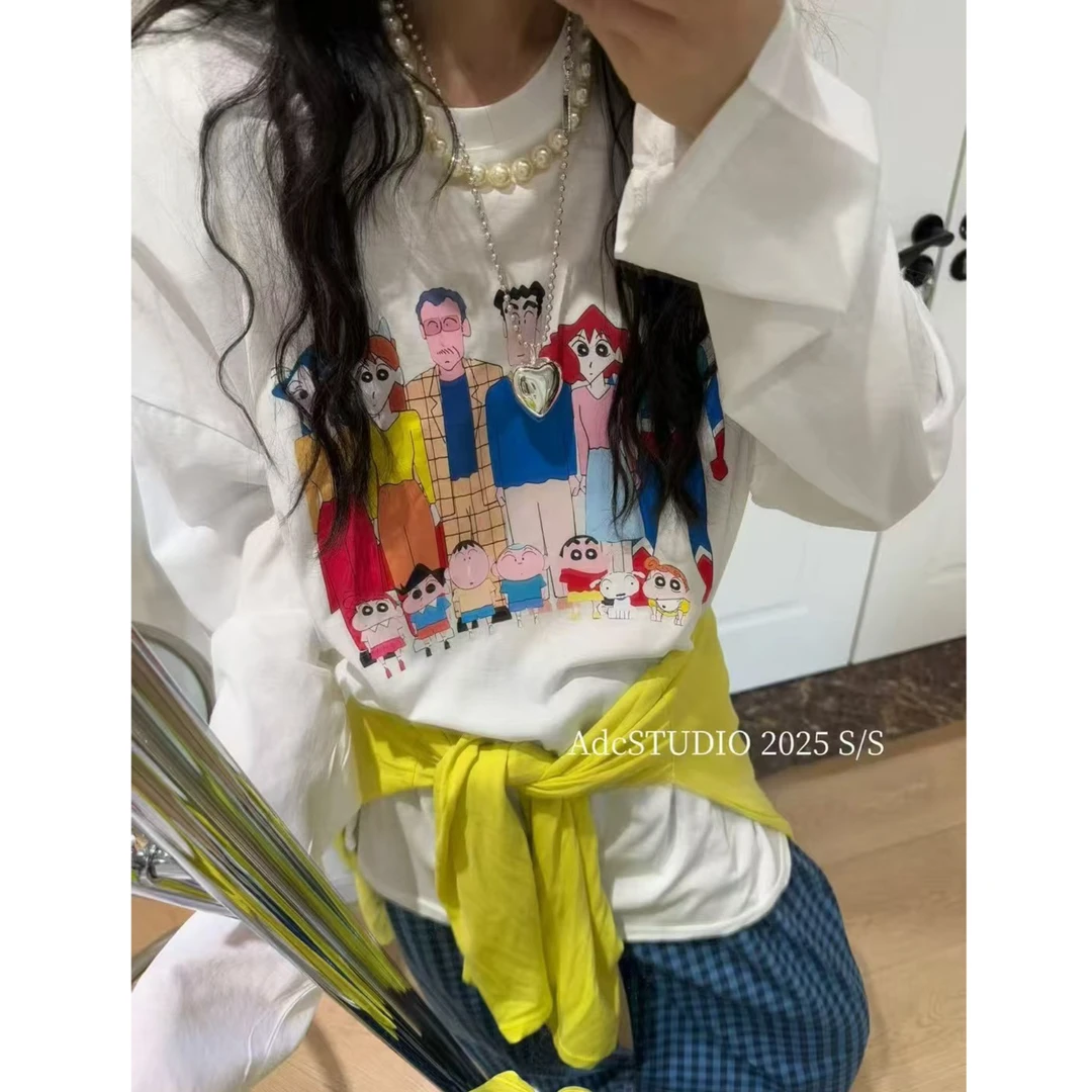 【现货-小新白色防晒】東room夏季薄款韩版卡通长袖垫肩防晒T恤女