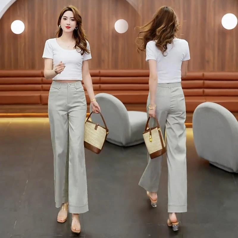 高腰天丝窄版牛仔阔腿裤女休闲2025新款夏季薄款宽松显瘦直筒裤子