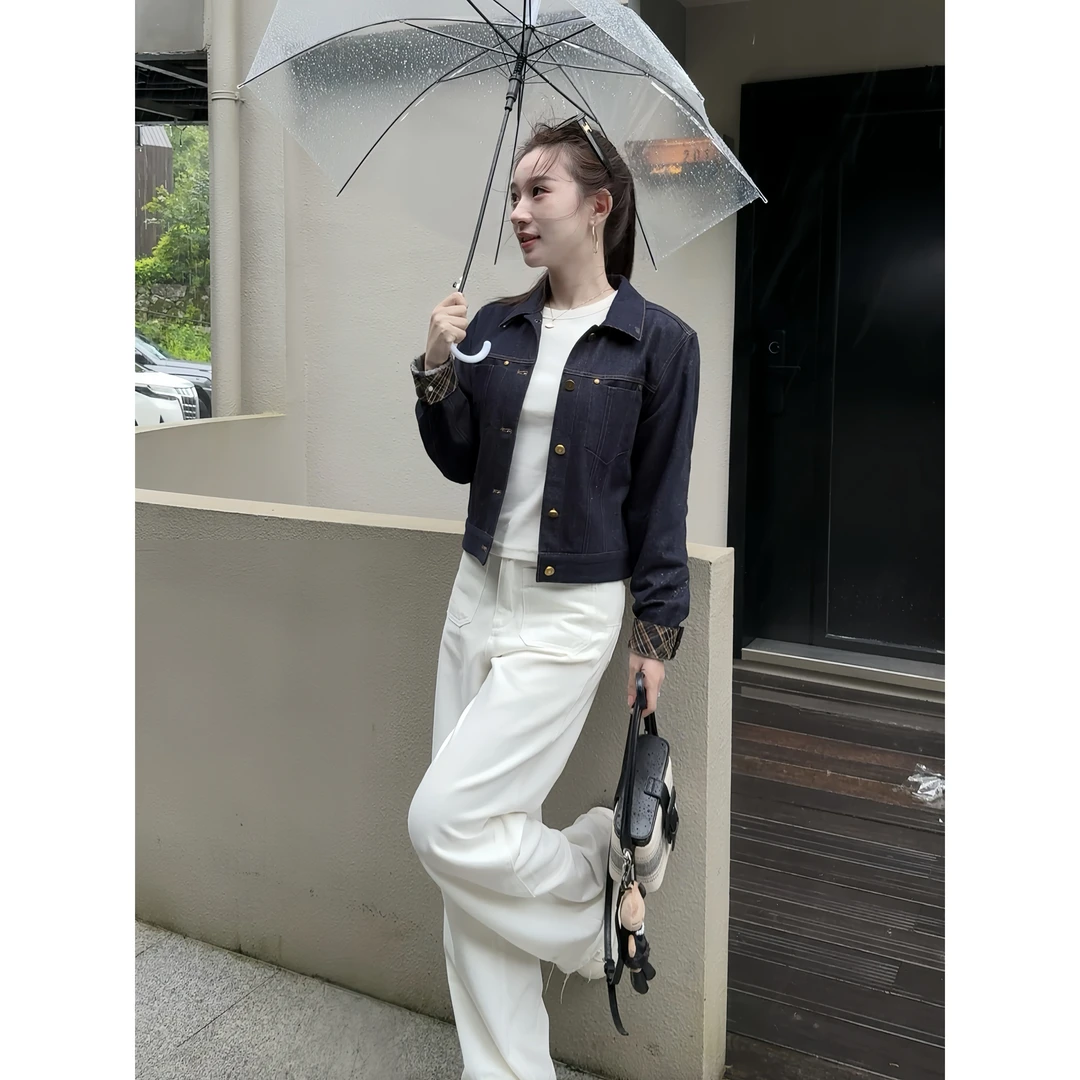 韩恩【QIANA】蓝调格律 秋季复古牛仔撞色格纹短款薄外套qianw95