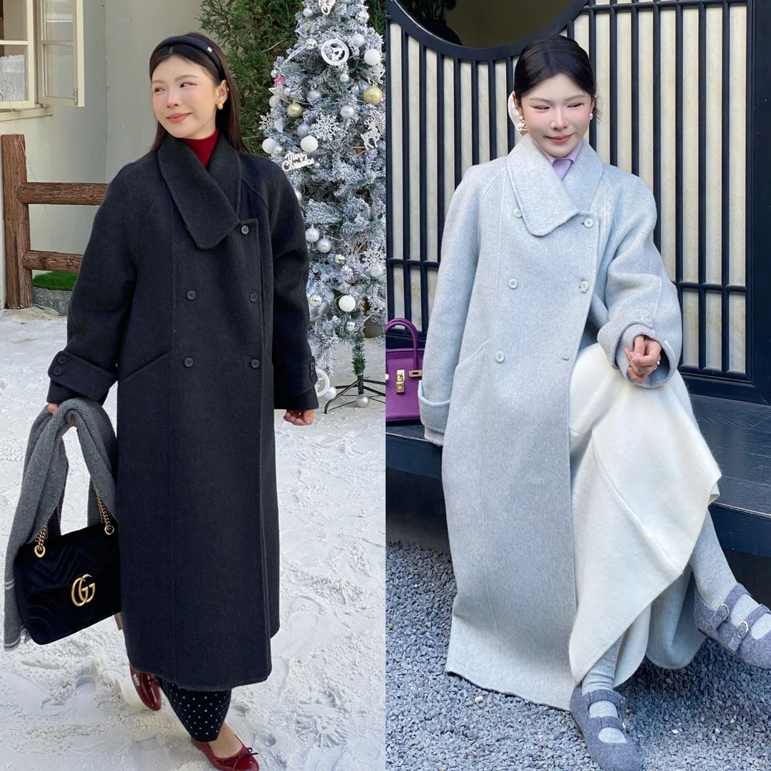 【云雾灰】不规则翻领侧扣长款双面羊毛大衣