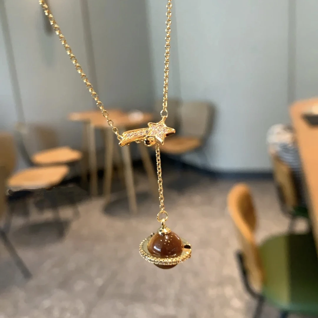 铜合金纯铜项链 B692可调节女复古虎眼色立体星球项链
