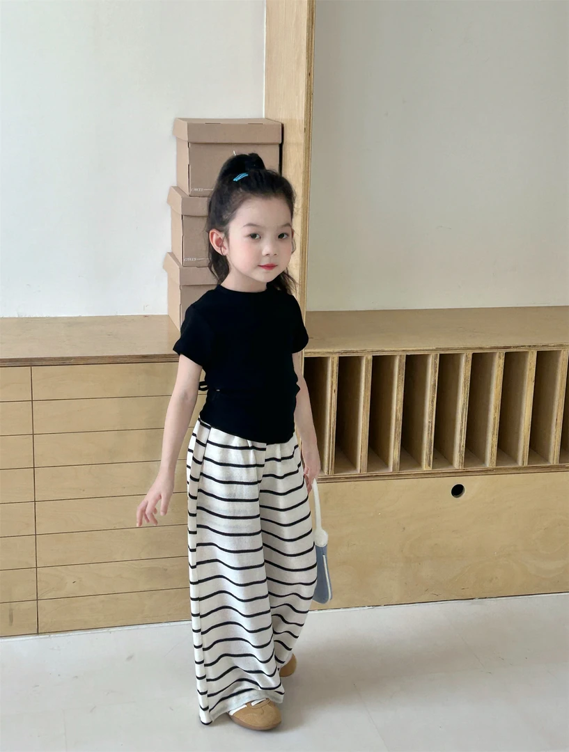 女童露背系带修身T恤2025夏季新款辣妹风短款短袖上衣 条纹裤套装