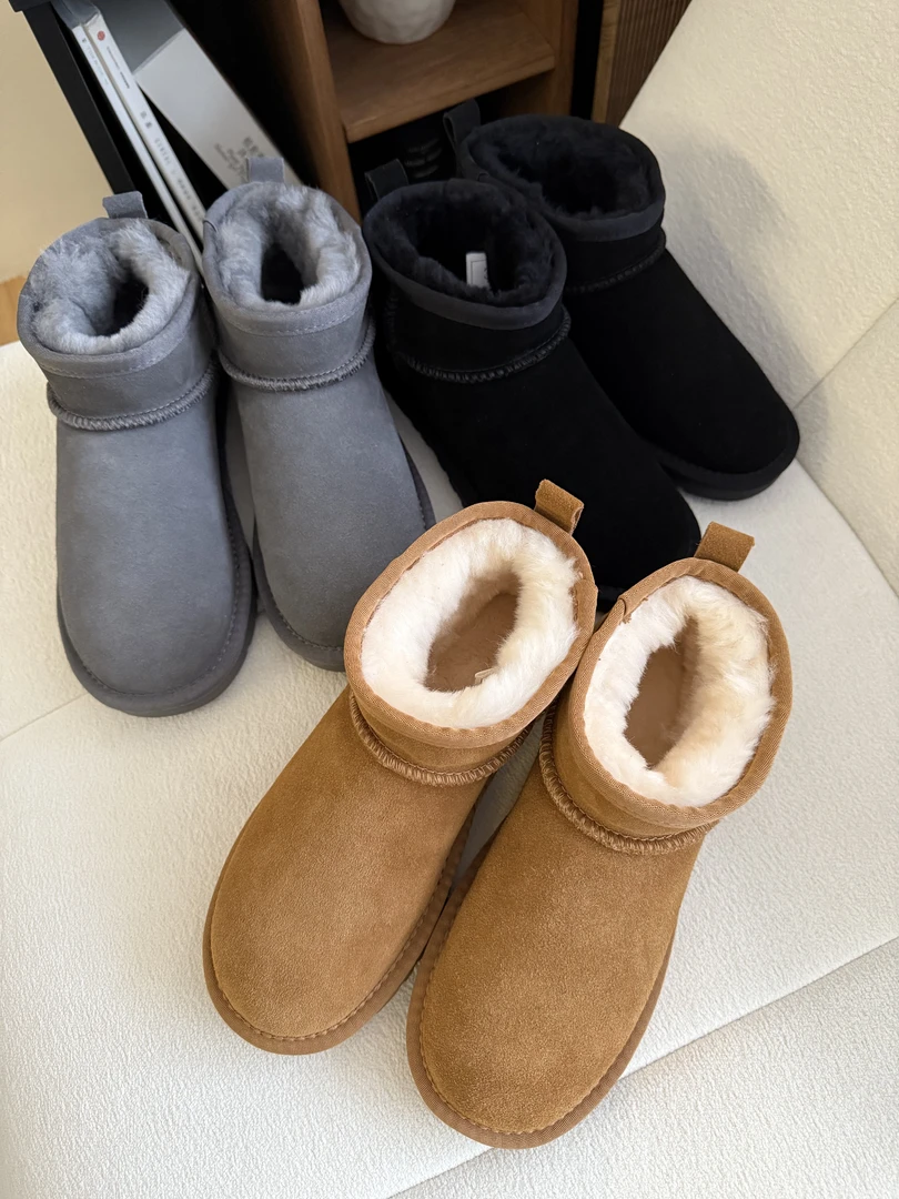 miss muzi “冬日精灵”100%头层牛反绒&真羊毛~加绒平底毛毛雪地靴