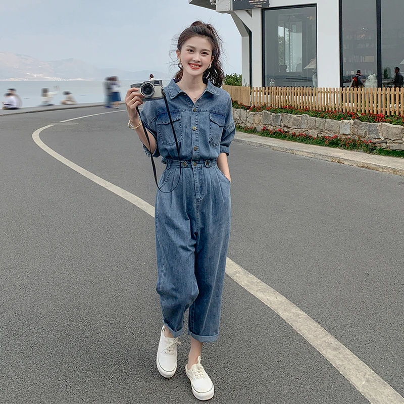 工装牛仔连体裤女春夏薄款2024新款高级感时尚九分裤连身衣套装