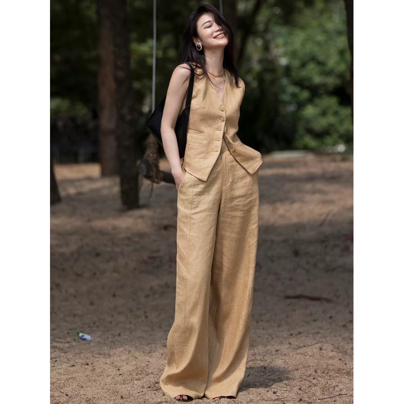 今年流行高级感老钱风时尚亚麻套装女西装马甲上衣阔腿裤两件套夏