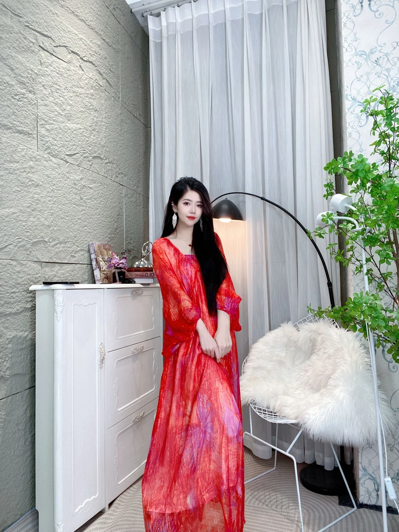 Bikamo/比卡陌2025春季新款金线真丝桑蚕丝气质长裙Y502221红色