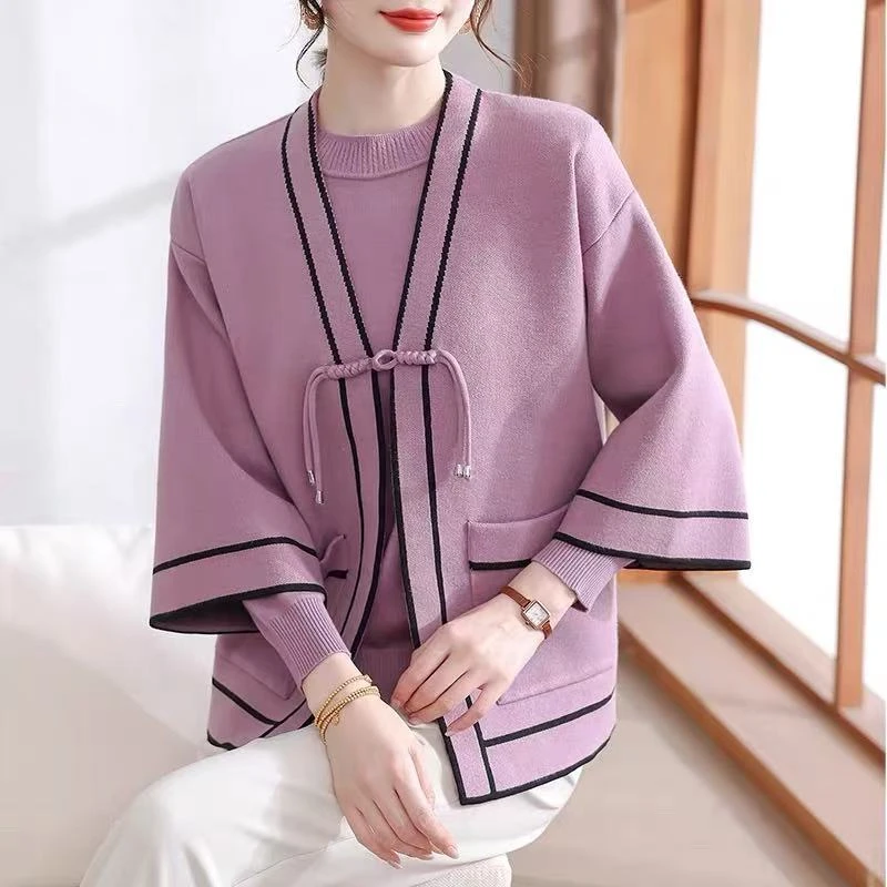 罗蒙妈妈秋装针织开衫外套洋气新款中老年女装打底小衫上衣两件套