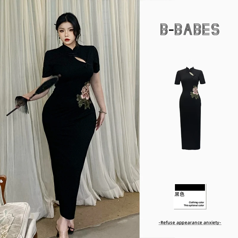 B-babes【牡丹花语】复古新中式改良牡丹旗袍微胖显瘦小众黑色长裙