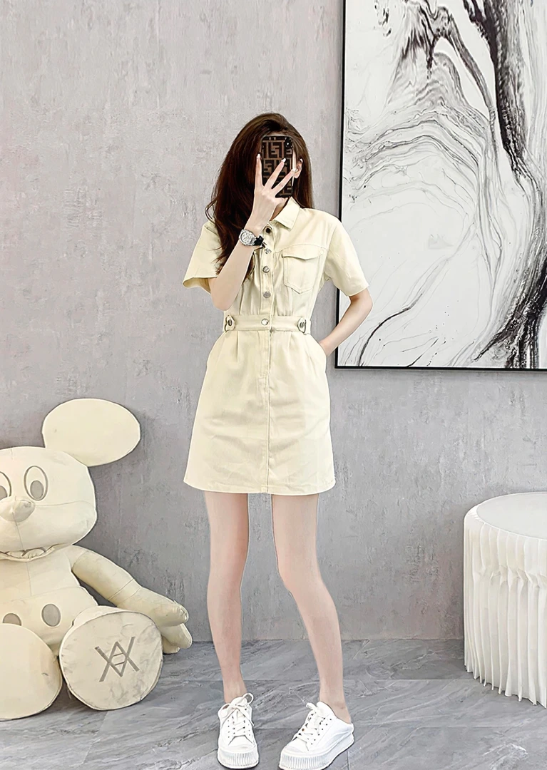 夏季时尚高级感收腰显瘦牛仔A字连衣裙