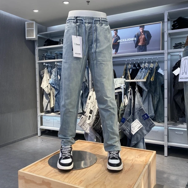 杰克琼斯男装秋季新款时尚百搭简约磨白松紧腰高弹宽松休闲牛仔裤