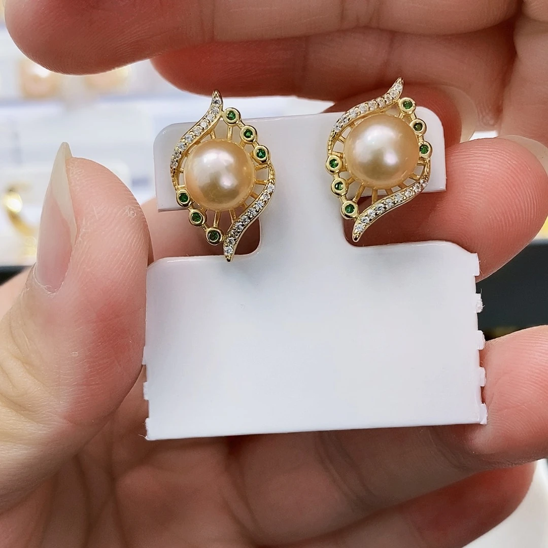 银S925镶嵌特价天然橙色炫彩耳饰淡水珍珠