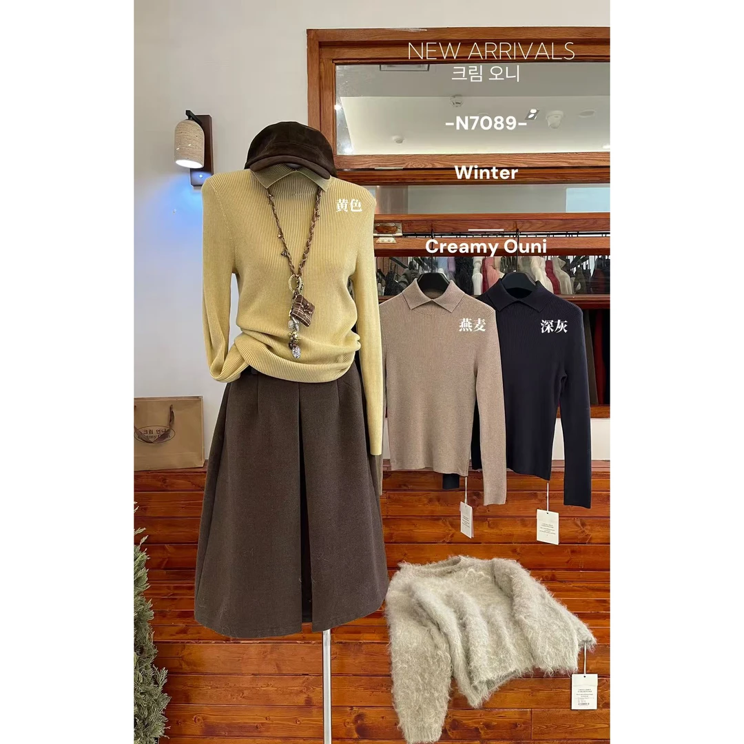 OUNi福（9ON7089#）日常爱穿 polo领竖条纹针织衫12-13