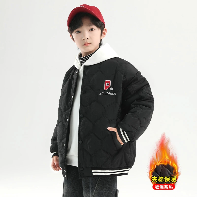 男童夹棉棒球服外套冬装2025新款中大童保暖连帽假两件男孩夹克潮