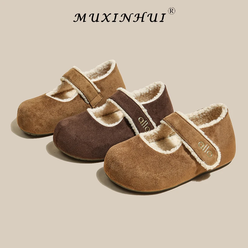 【品牌】复古风毛毛女秋冬浅口圆头一字带低跟保暖加绒玛丽珍鞋602