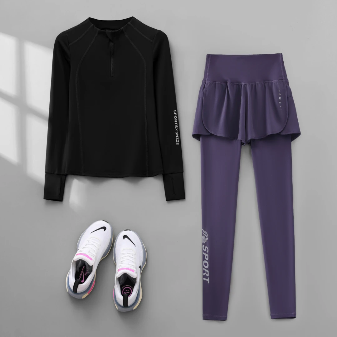 晨跑健身服女春秋半拉链长袖瑜伽服透气速干户外跑步有氧运动套装