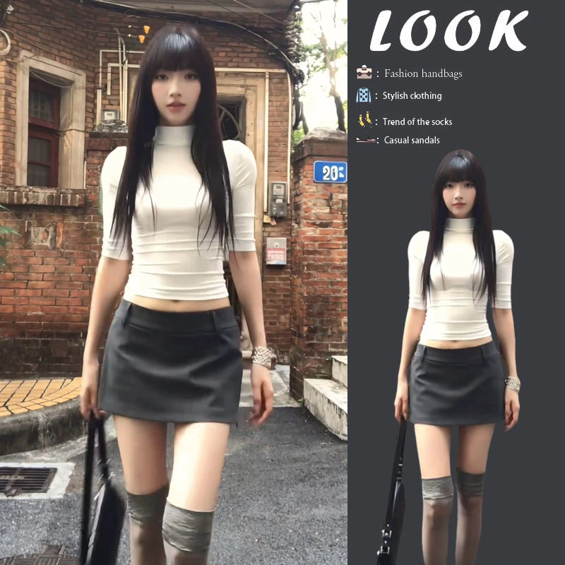 时尚穿搭女2025夏季新款韩版气质半高领修身上衣显瘦短裙两件套装