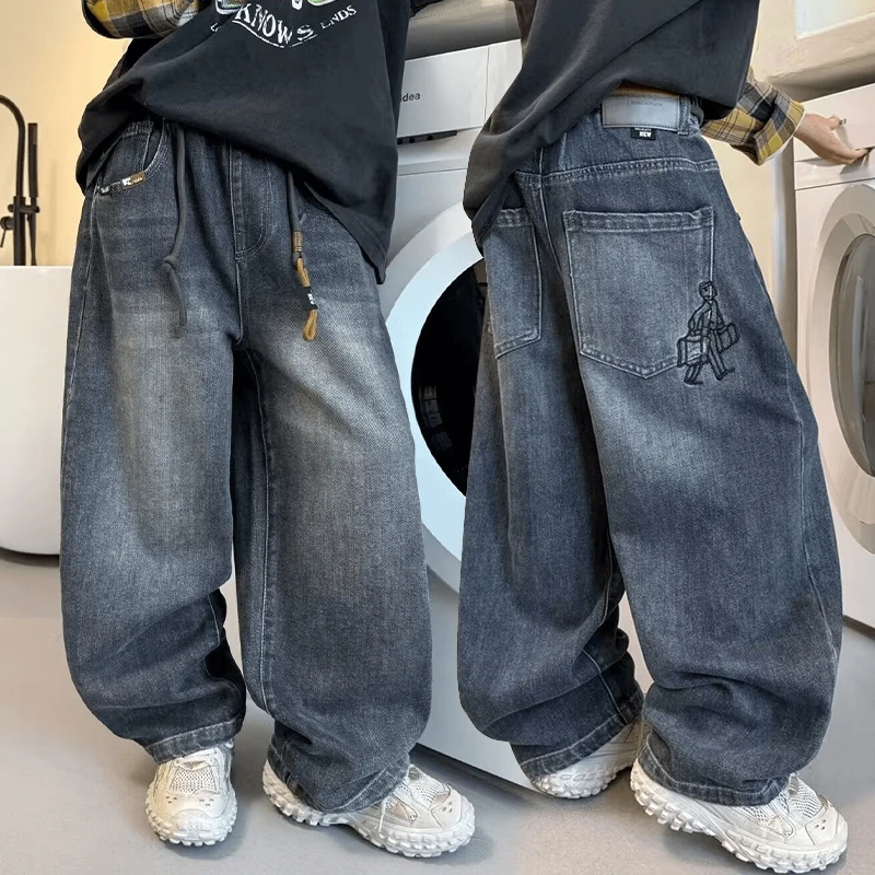 男童牛仔裤春秋款2025新款儿童秋装裤子中大童男孩痞帅宽松直筒裤