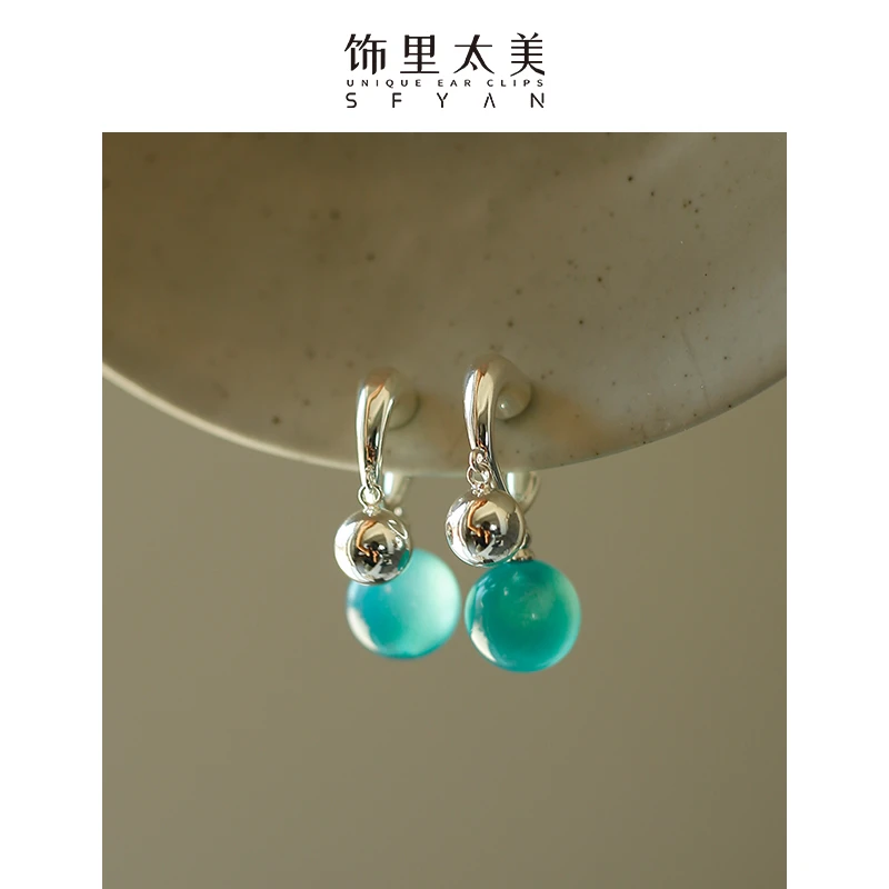 铜合金耳饰 春夏小清新透亮绿珠银球耳夹无耳洞高级气质百搭耳饰