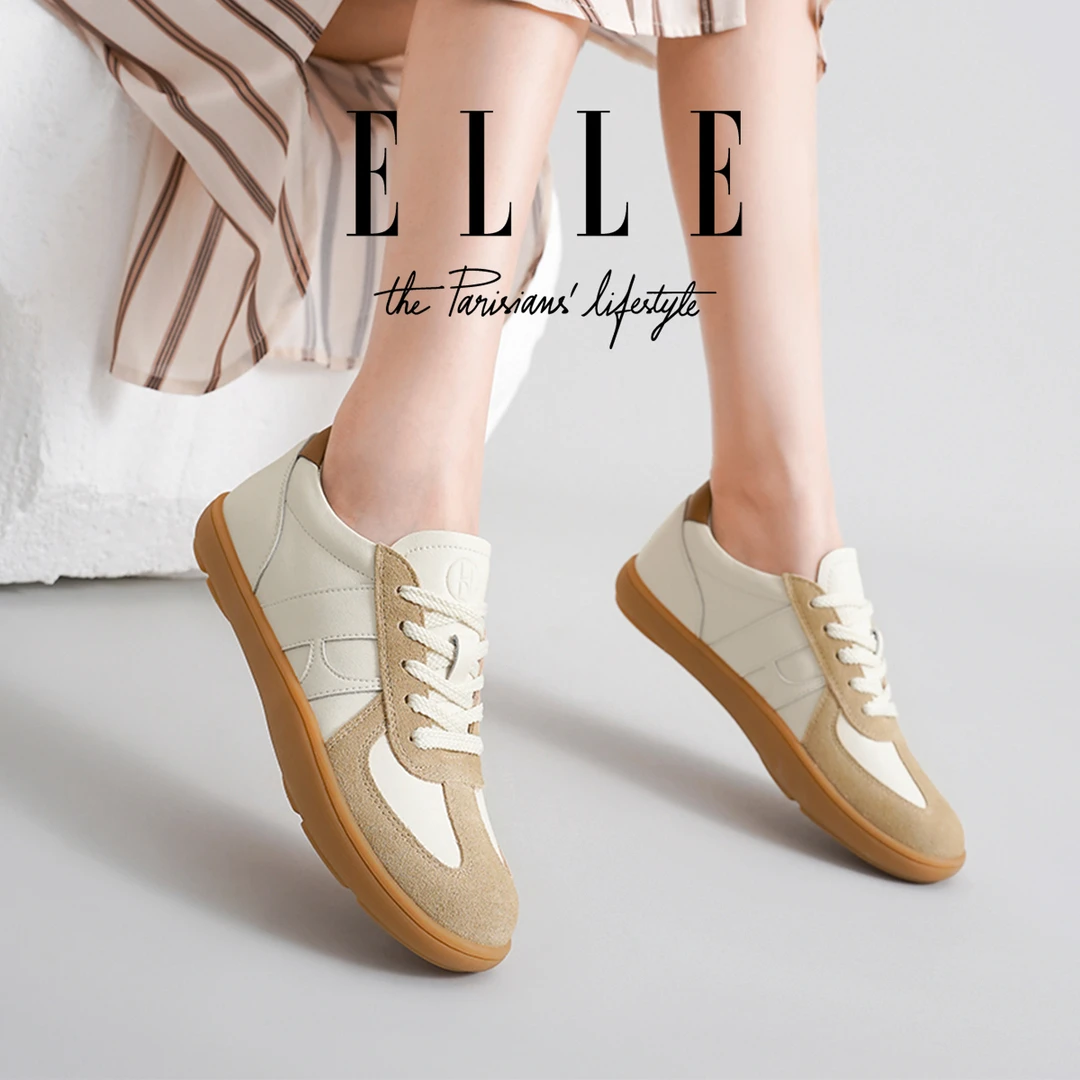 ELLE经典德训鞋女2025新款百搭系带真皮平底板鞋配裙子低帮小白鞋