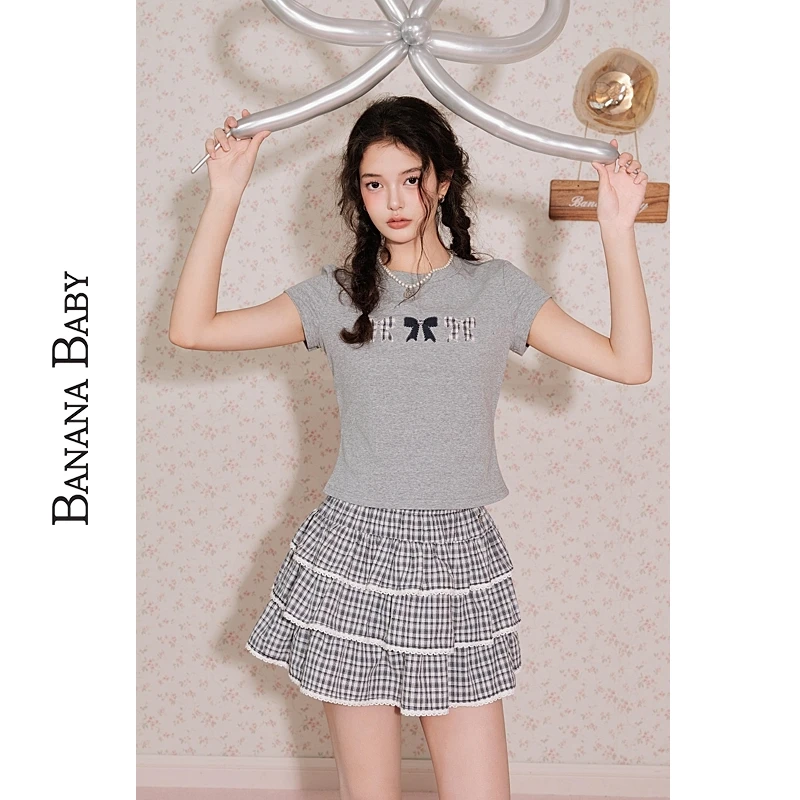 BANANA BABY2025年新款复古蓝白格纹花边蛋糕裙女短半裙D252QZ193