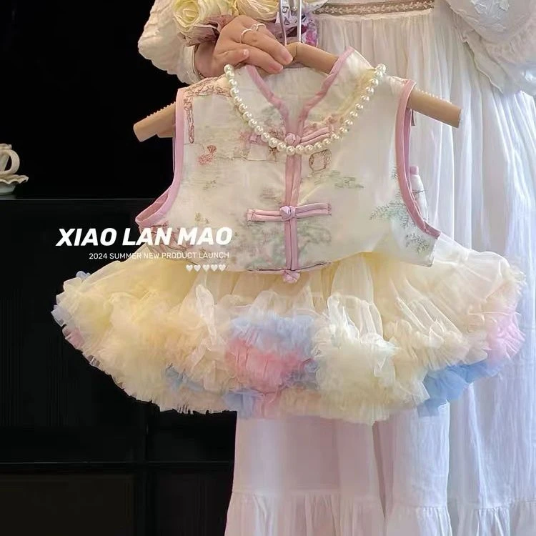 粉色蓬裙戴维贝拉重工刺绣国中旗袍裙子夏季新款洋气半身裙套装