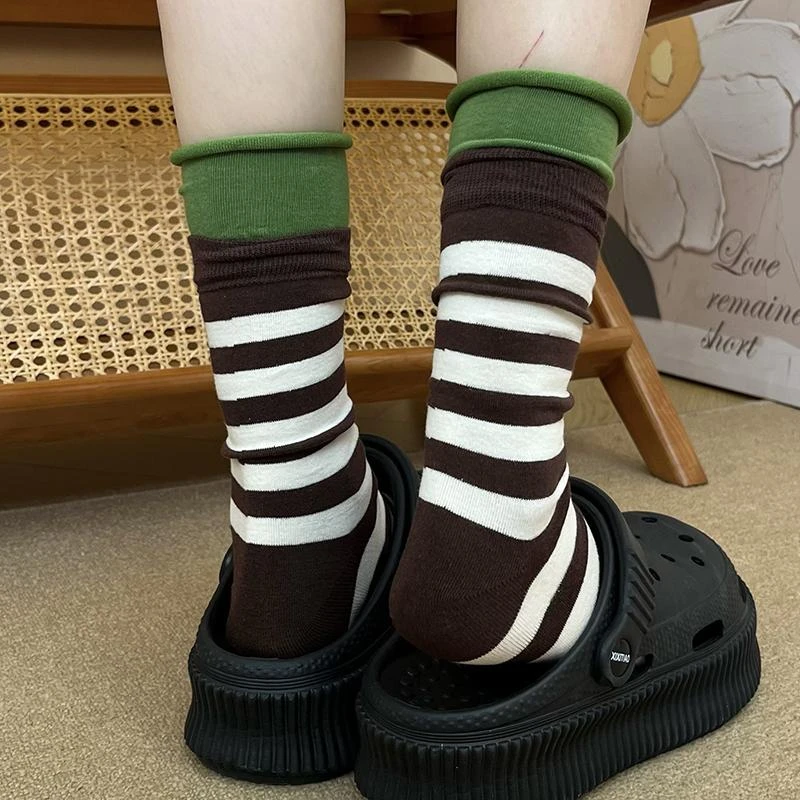 NYNK女款韩系ins潮卷边双层条纹学院风堆堆袜春秋女款袜子
