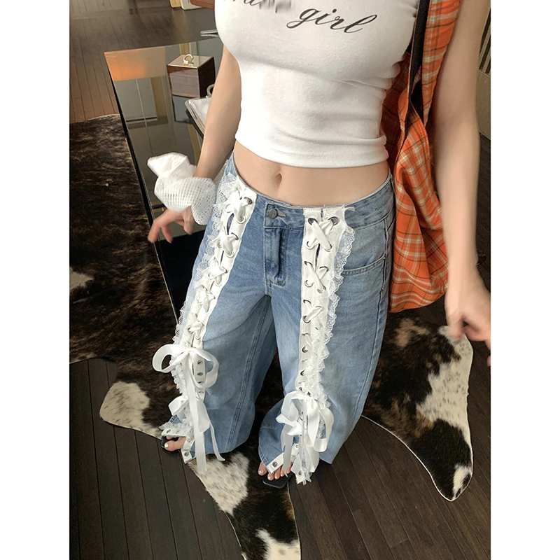 【丝丝相扣】蕾丝系带阔腿牛仔裤女夏高街拖地长裤4146