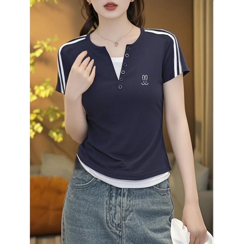 夏季新款V领短袖洋气poloT恤女纯棉性感假两件t恤宽松显瘦上衣