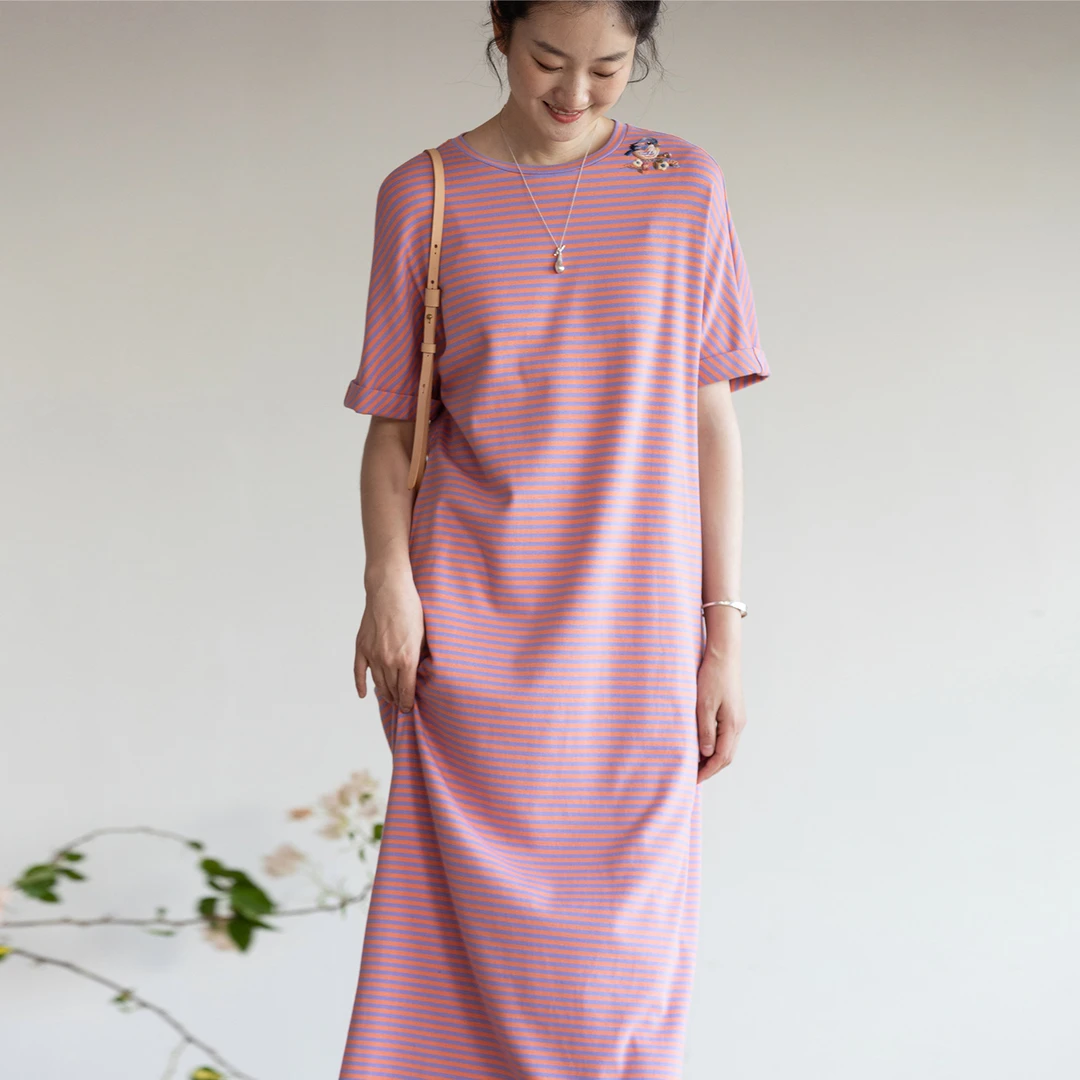 牧衣游原创 刺绣条纹纯棉连衣裙宽松轻薄亲肤舒适休闲T恤裙 海盐