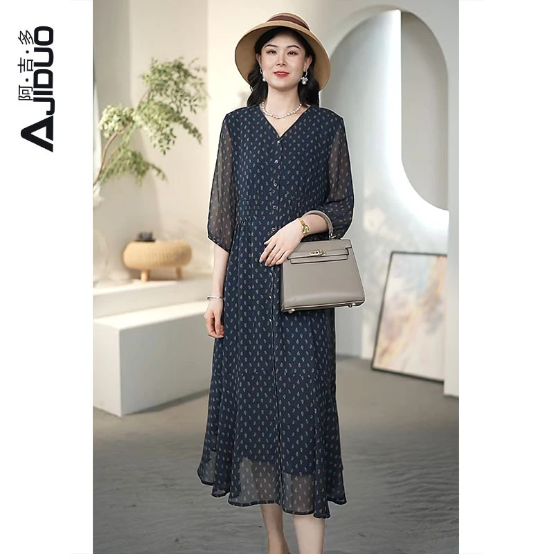 阿吉多七分袖大码宽松气质妈妈显瘦优雅复古洋气碎花连衣裙