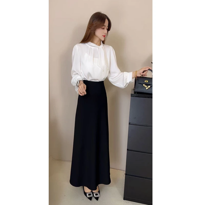 名媛风气质洋气系带蝴蝶结泡泡袖衬衫上衣女中长款半身裙长裙潮