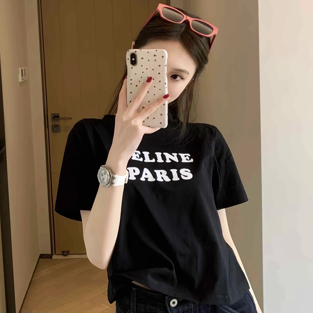 99新 Celine/思琳 ss352 黑色胸前logo短袖 xs码 棉