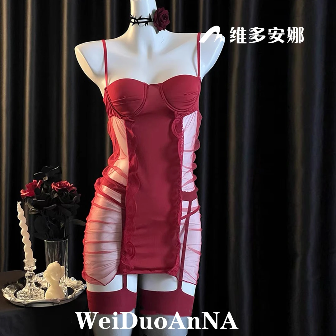 维多~新款火辣性感带胸垫睡裙纯欲风吊带包臀裙大码情调睡裙女