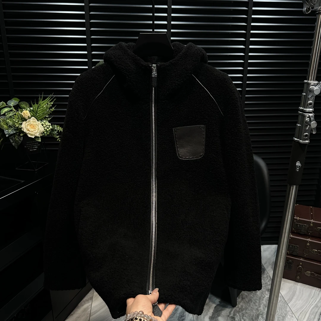 冬季保暖轻奢男士羊毛连帽中长款拼真皮保暖夹克外套可过冬