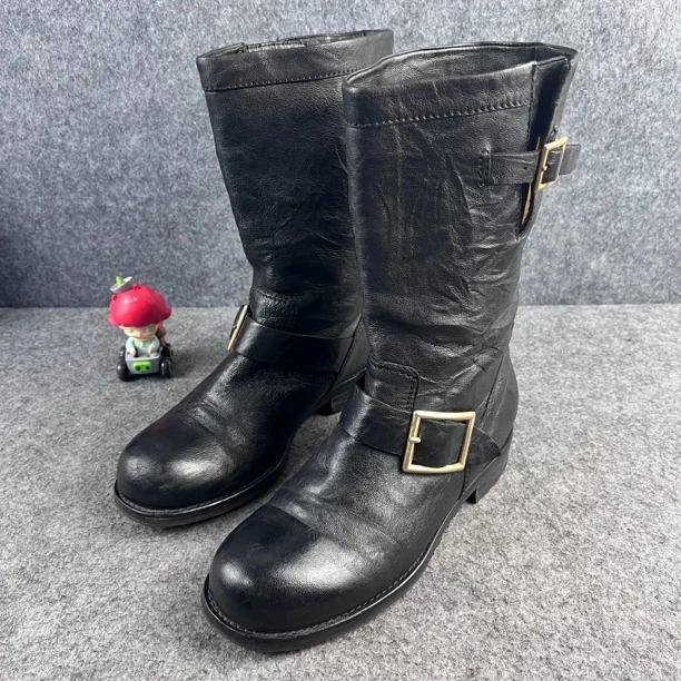 95新 JIMMY CHOO/吉米周 锁扣绑带黑色骑士靴 35.5码 YLP2275