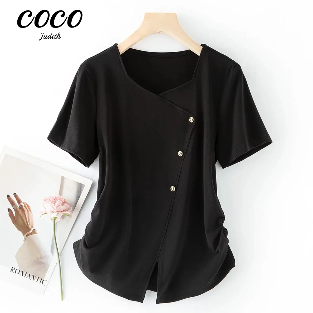 【RG6983】2025年新款夏季法式轻熟风气质减龄修身黑色斜襟女装小衫