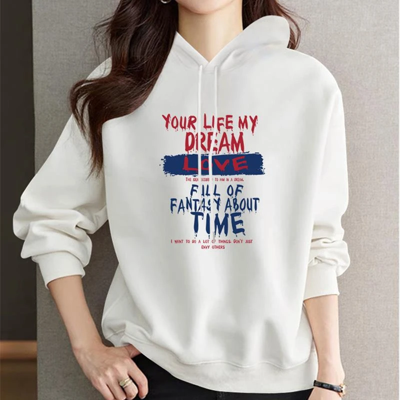 连帽卫衣女2025秋冬新款宽松休闲慵懒风加绒加厚套头白色帽衫上衣