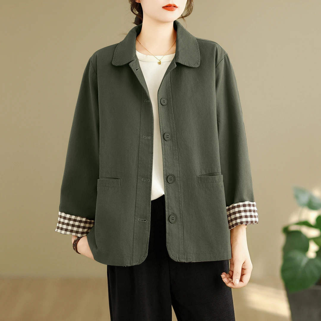 大码女装军绿色翻领排扣外套宽松休闲夹克上衣中年妈妈装时尚外衣