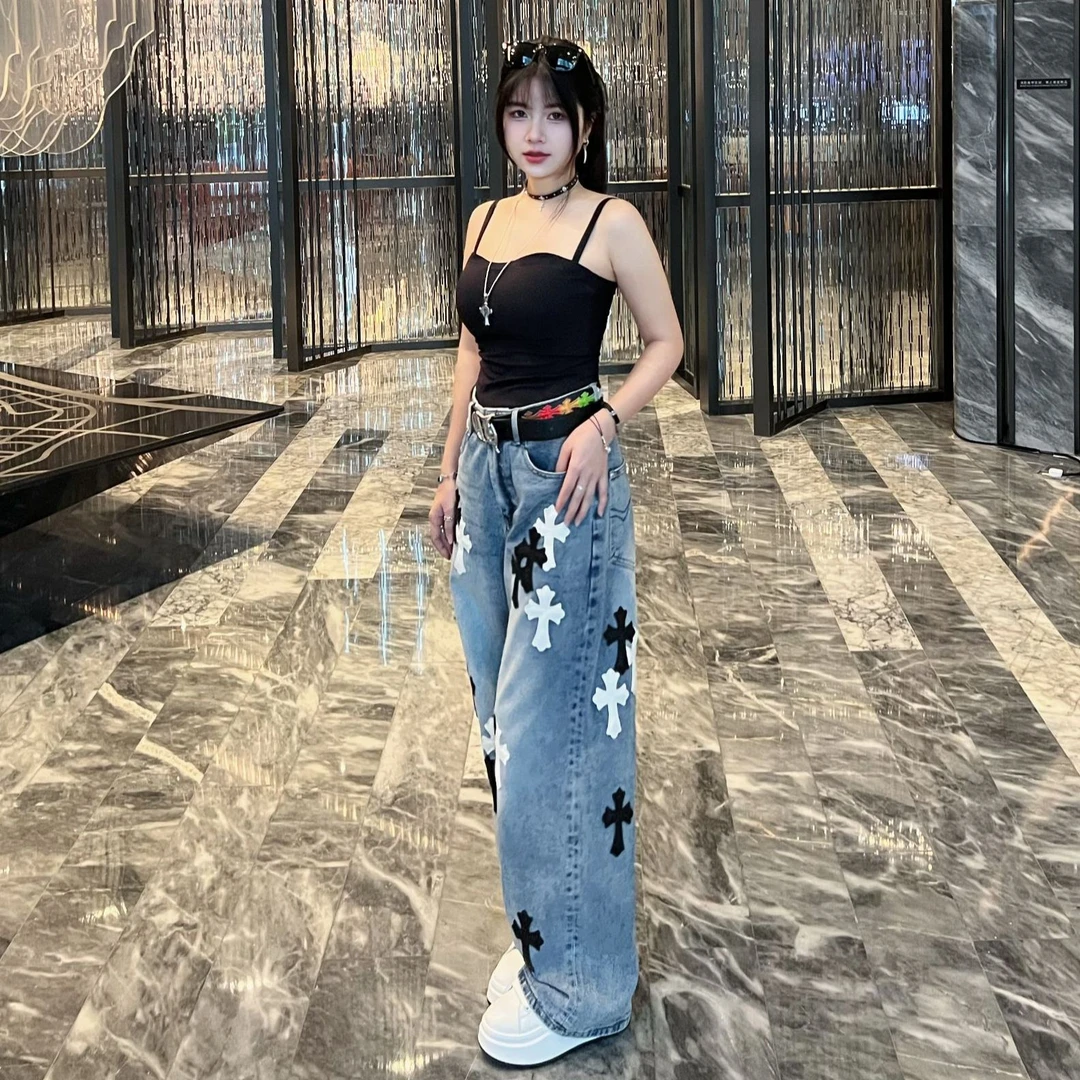 Khalil Nassir美式高街水洗十字架拼皮牛仔直筒裤EP2195