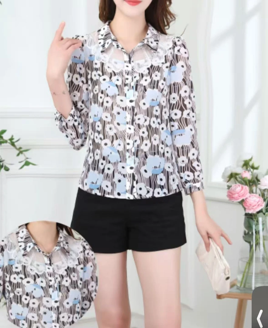 印花洋气碎花衬衫雪纺衫夏季-0600