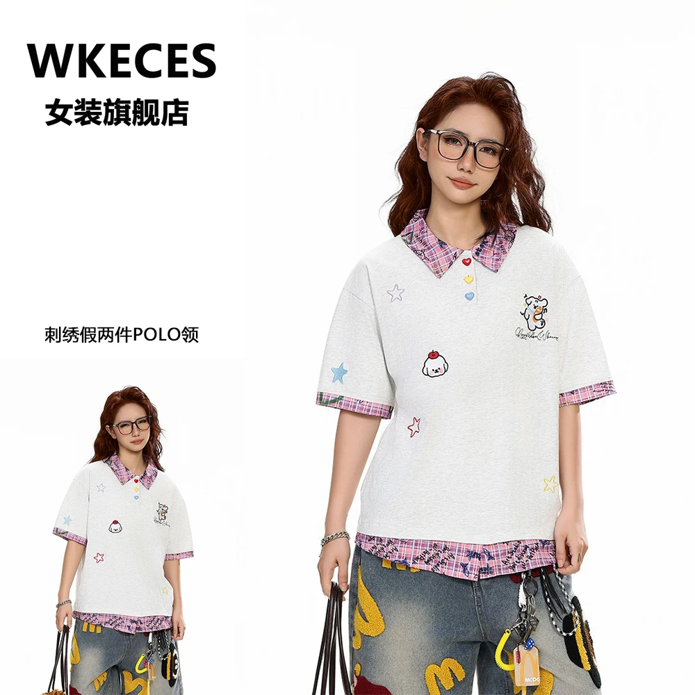 国潮刺绣学院风假两件POLO领短袖t恤女夏季新款宽松显瘦上衣潮