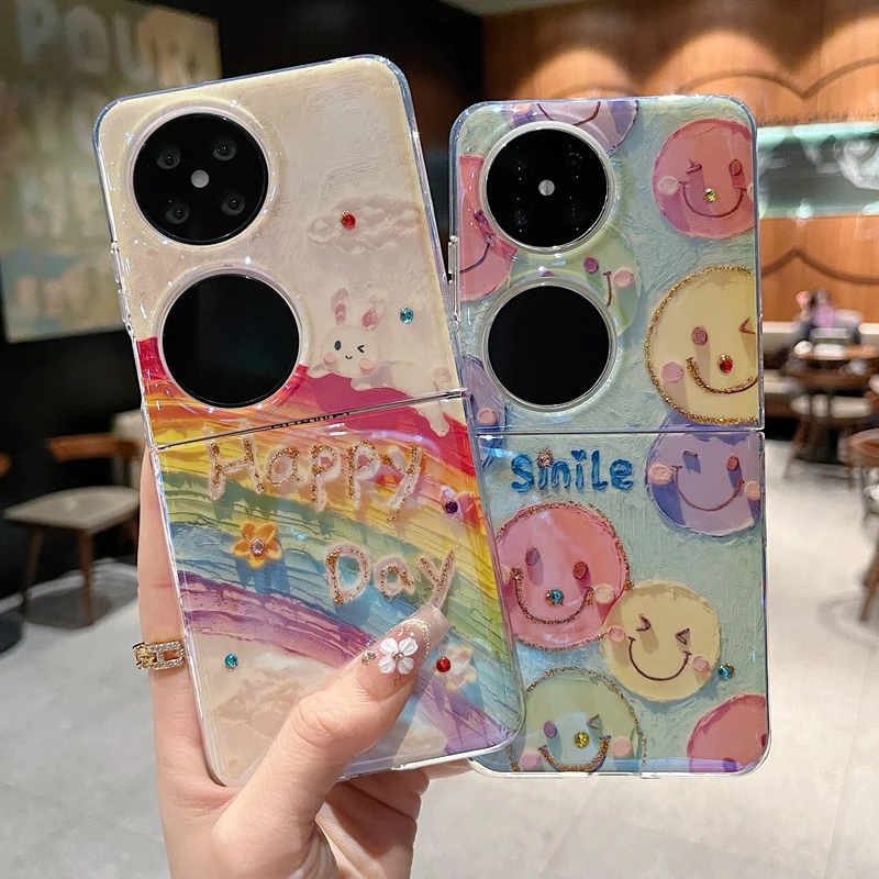 适用oppo三星华为折叠屏新款手机壳可爱油画彩虹兔全包防摔保护套