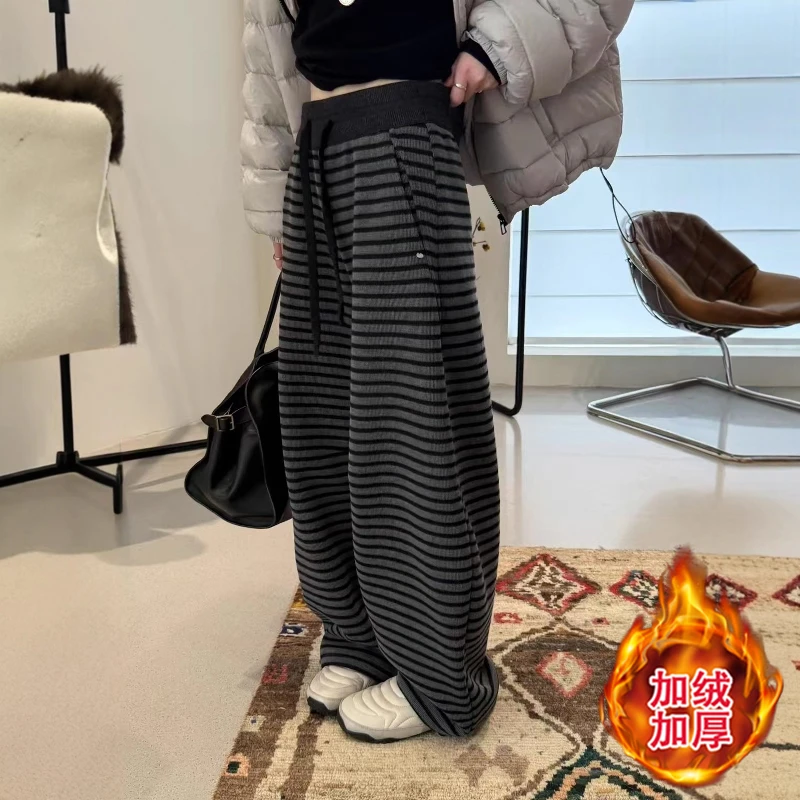 2025秋冬季新款女士加绒加厚高腰休闲条纹长裤时尚百搭保暖阔腿裤