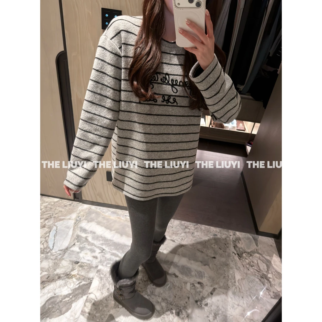 【LIUYI】条纹定律~chao软糯米绒感条纹字母长袖卫衣51030A5