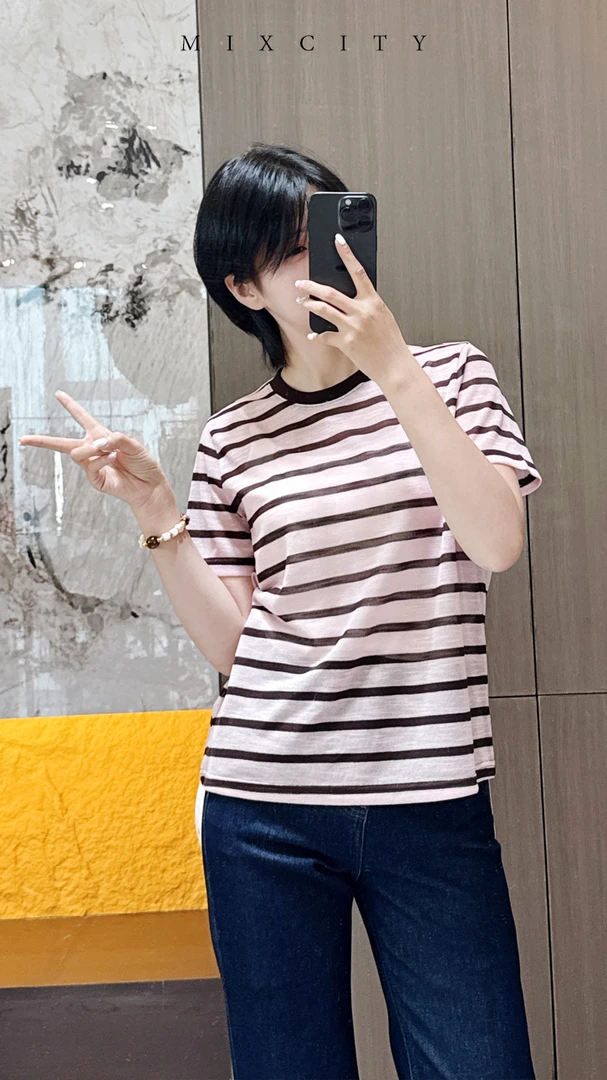 【亚楠本楠】降温衫◆优雅爱心撞色条纹兰精天丝圆领T恤7453