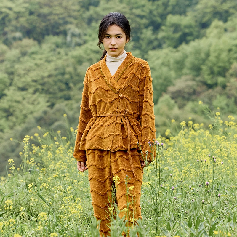 朵朵可可家居服2025秋冬新款V领斜襟收腰显瘦绑带睡衣套装057