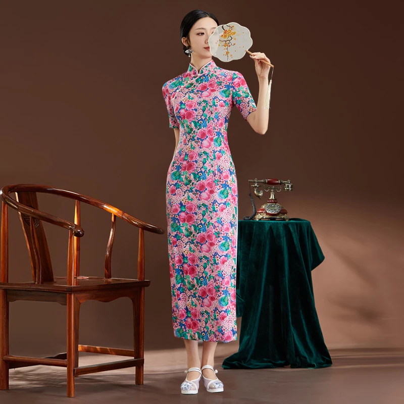 2025新款修身改良版走秀旗袍女款演出服粉色L5337