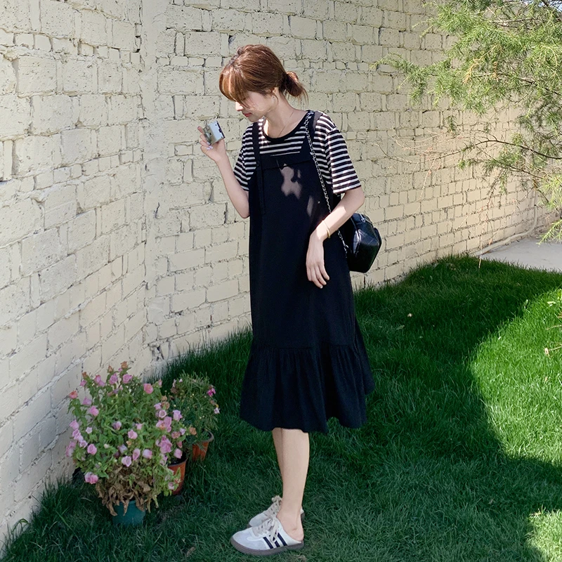 黑色假两件连衣裙女2025夏新款轻熟风条纹拼接休闲洋气长款T恤裙