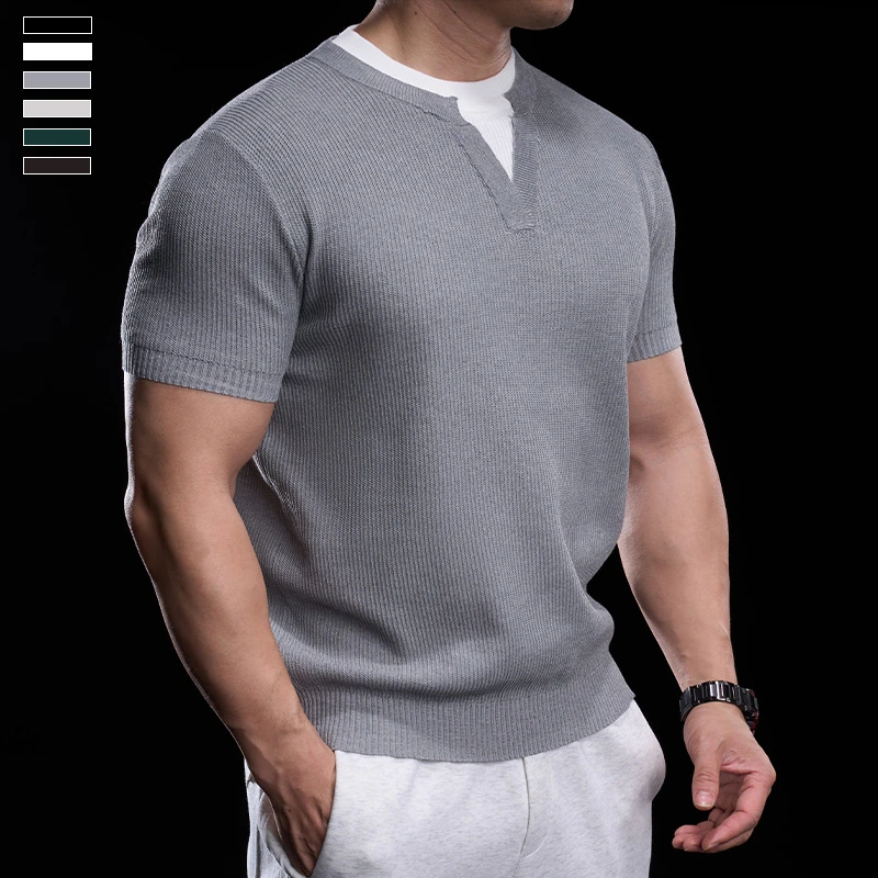 霸道肌肉 假两件男士健身短袖运动短袖针织宽松高弹纯色V领T恤