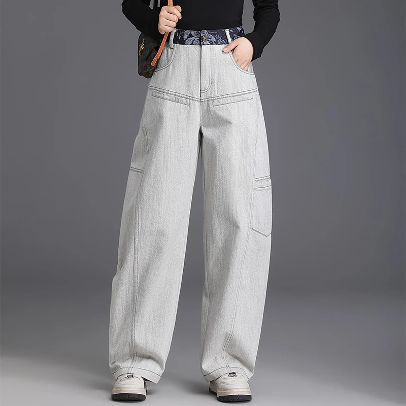 国风浅灰白高腰阔腿牛仔裤女2025春秋新款大码时尚拼接百搭休闲裤